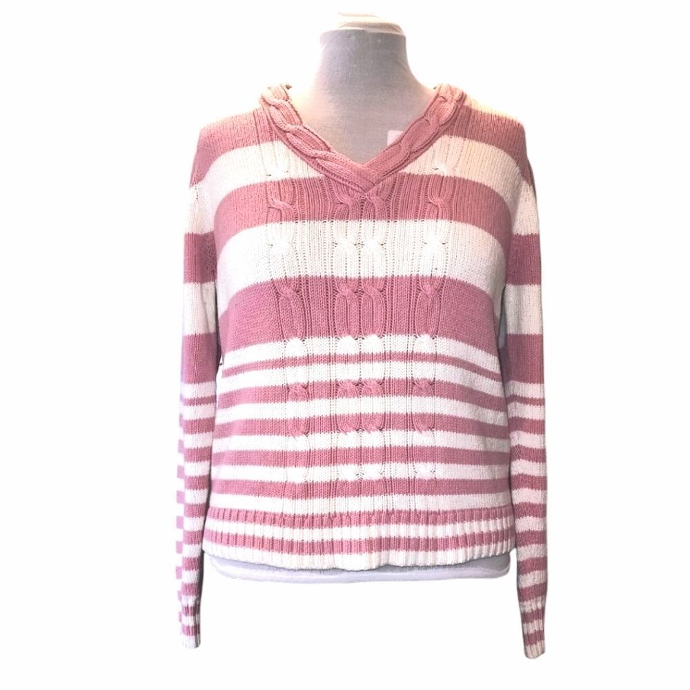 Vintage Tommy Hilfiger‎ Pink & White Striped Cable Knit V-Neck Sweater Size XL